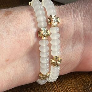 White Jade Bracelet W/ 5 Patterned Crosses